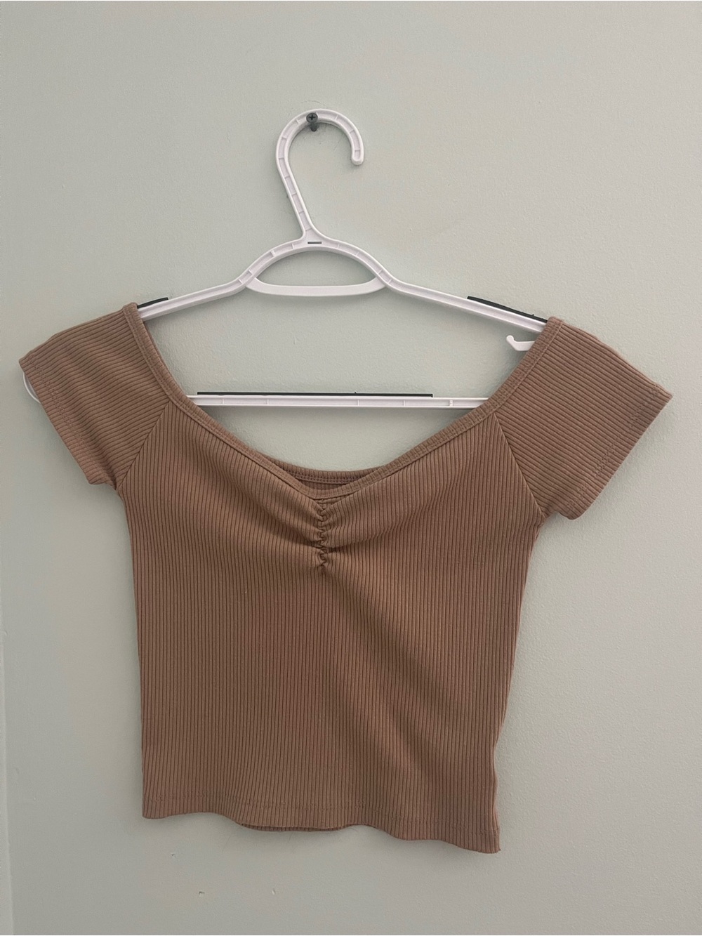 American Eagle Outfitters Taupe Ribbed Off-Shoulder Crop Top